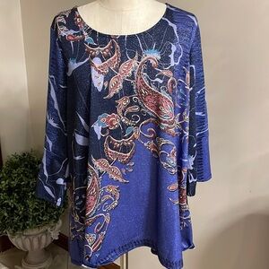 AVENUE women’s plus blue paisley metallic top tunic size 22/24 bell sleeve 3/4